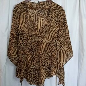 Goddess New York 2x Plus Brown Animal-Print V-Neck Leopard Cheetah Safari Shirt